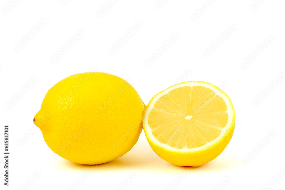 Ripe haft yellow citrus lemon fruitcisolated on white background.High vitamin C fruit. Ripe haft yellow citrus lemon fruitcisolated on white background.High vitamin C fruit.