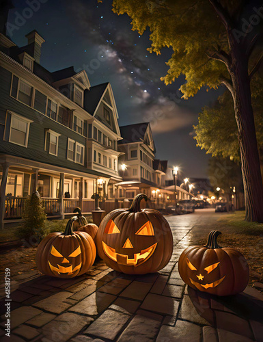 Halloween pumpkins in the dark street at night
