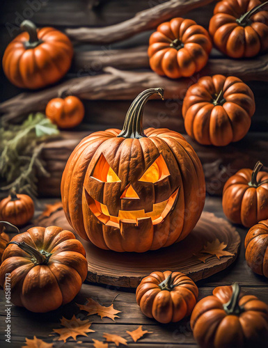 Halloween pumpkins in the dark forest at night