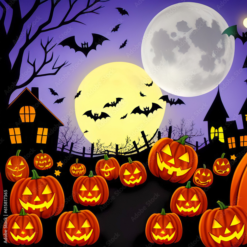Fototapeta premium Halloween pumpkins in the dark forest at night