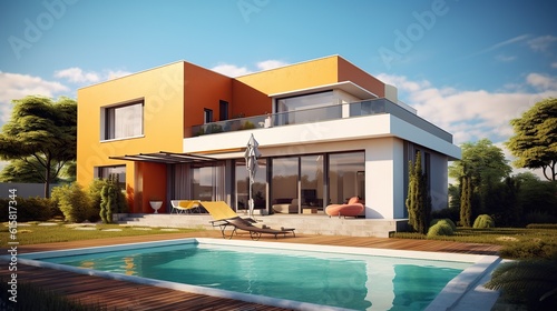 modern luxury villa, real estate, house with  pool, generated AI © YamunaART
