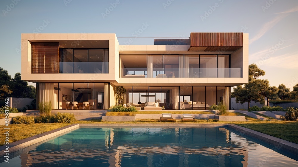 modern luxury villa, real estate property, house with  pool, generated AI