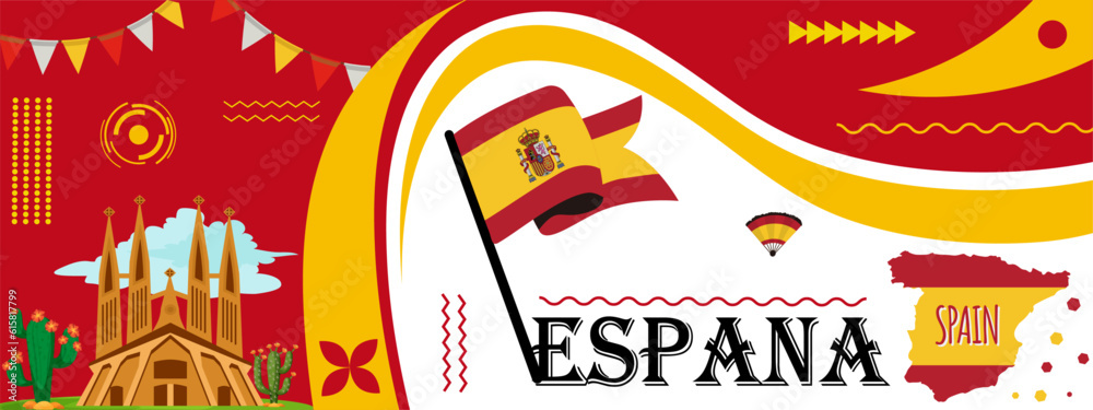 Spain national day banner for Espana with abstract retro modern geometric banner design. Flag of Spain with typography red yellow color background.