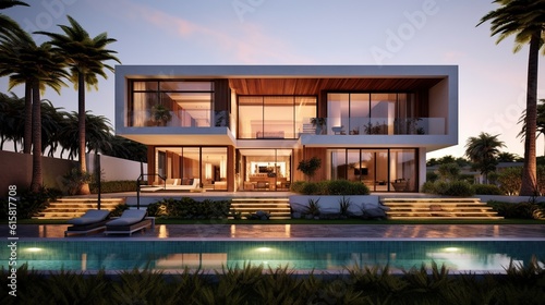 modern luxury villa, real estate property, house with  pool, generated AI © YamunaART