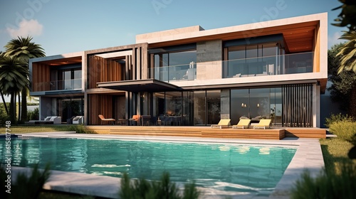 modern luxury villa, real estate property, house with pool, generated AI
