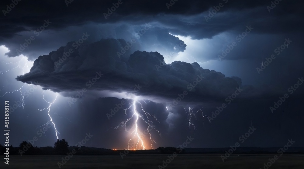 Witness a breathtaking scene as a menacing rain cloud looms overhead, crackling with intensity. Lightning illuminates the darkened sky, while torrents of rain drench the landscape below. 
