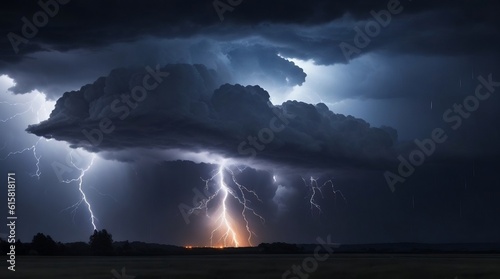Witness a breathtaking scene as a menacing rain cloud looms overhead  crackling with intensity. Lightning illuminates the darkened sky  while torrents of rain drench the landscape below. 