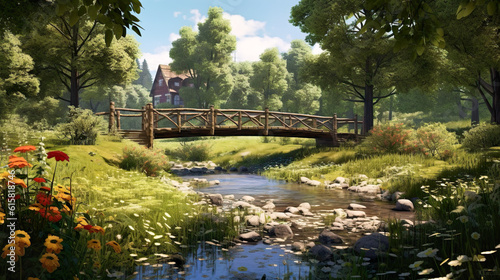 小川にかかる木の橋とのどかな田舎の風景　Generative AI photo