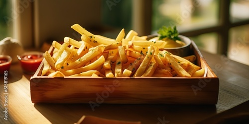 Appetizing french fries with sauce in wooden dish in natural light from the window  concept of Food photography  created with Generative AI technology