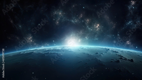 Cloudy space planet earth surface shot with light on the background and nebula with energy around. Universe science astronomy space dark background wallpaper