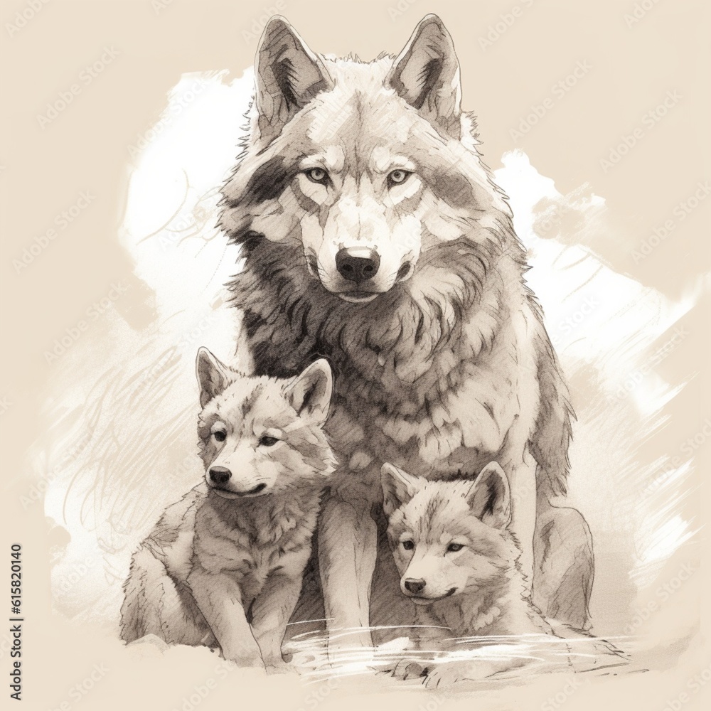 female wolf loving her cubs, sketch style - generative AI female wolf loving her cubs, sketch style - generative AI