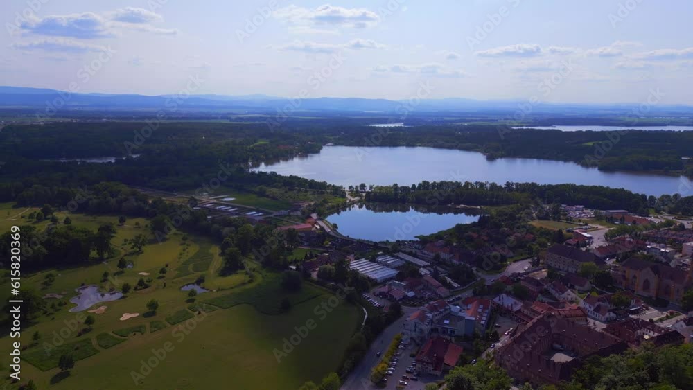 panorama lake, village in Czech Republic. Beautiful aerial top view flight drone panorama lake, village in Czech Republic. Beautiful aerial top view flight drone