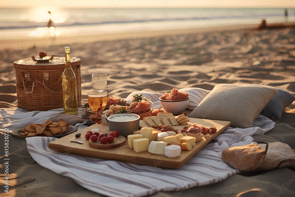 Picnic on the beach at sunset Concept outdoors evening healthy