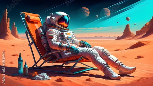 Astronaut or spaceman resting on planet in a beach chair. Holiday on mars. Fantasy art photo