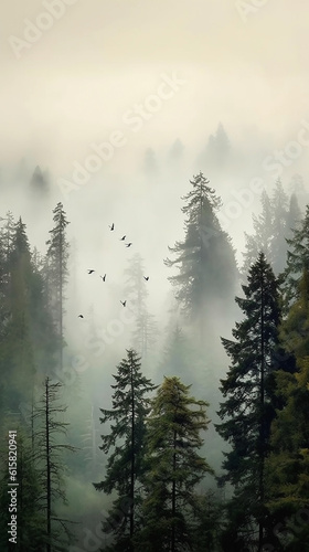 Birds flying across trees on misty mountains