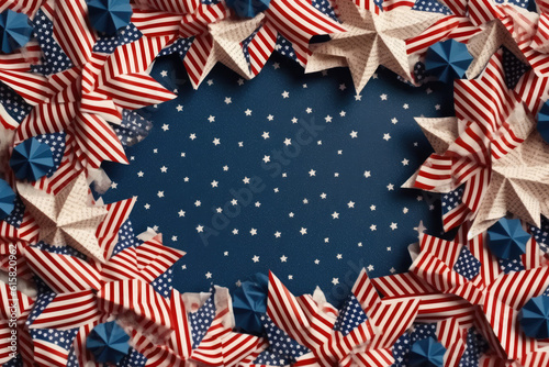 4th of July American Independence Day. Happy Independence Day. Red, blue and white star confetti, paper decorations on white background. Flat lay, 