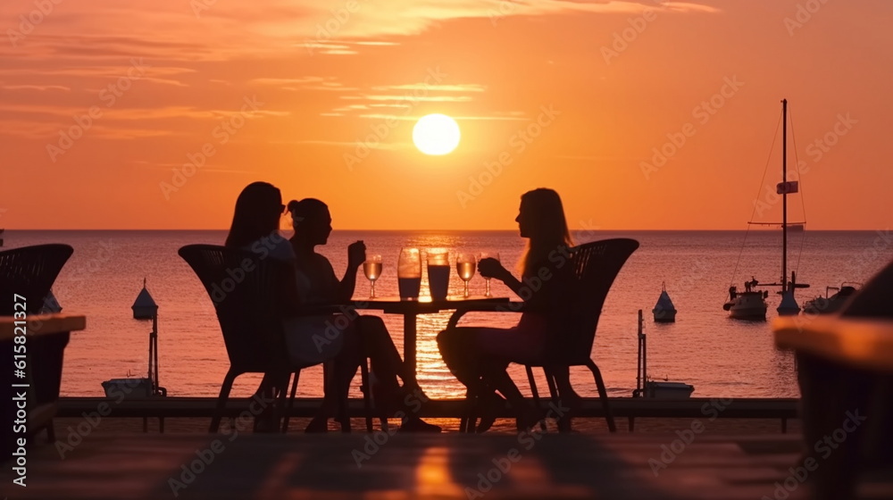 friends party on summer evening,people relaxing on sunset promenade in restaurant at summer night ,generated ai