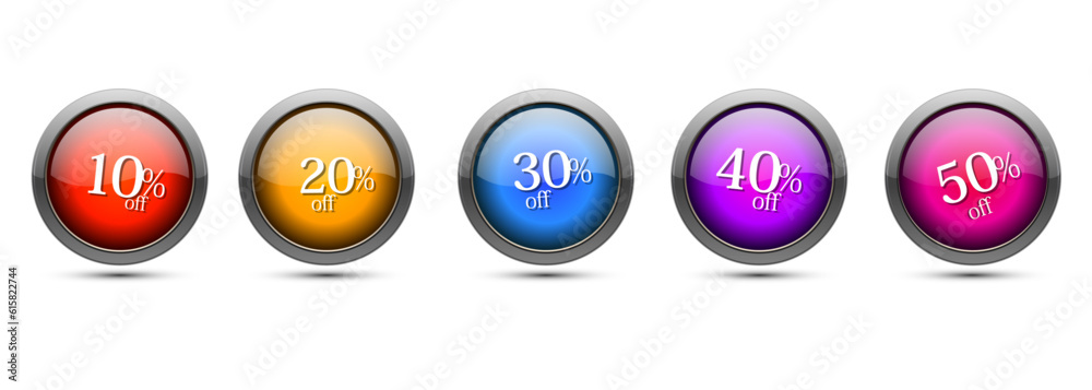 Sale Label Set Vector Illustration, 10-50 Percent Off Discount Label Tag Isolated on White Background, Discount set of colourful round glossy icons, Sale Label Set Vector Illustration, 10-50 Percent Off Discount Label Tag Isolated on White Background, Discount set of colourful round glossy icons,
