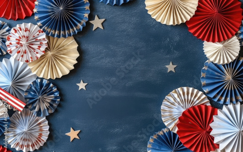 4th of July American Independence Day. Happy Independence Day. Red  blue and white star confetti  paper decorations on white background. Flat lay  