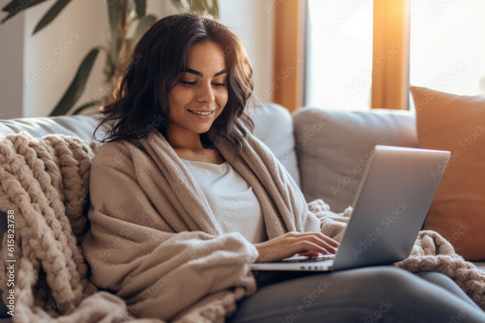 Ethnic woman sitting on a cozy couch, wrapped in a blanket, while working on her laptop, ethnic woman working, business, natural light, affinity, bright background Generative AI Ethnic woman sitting on a cozy couch, wrapped in a blanket, while working on her laptop, ethnic woman working, business, natural light, affinity, bright background Generative AI