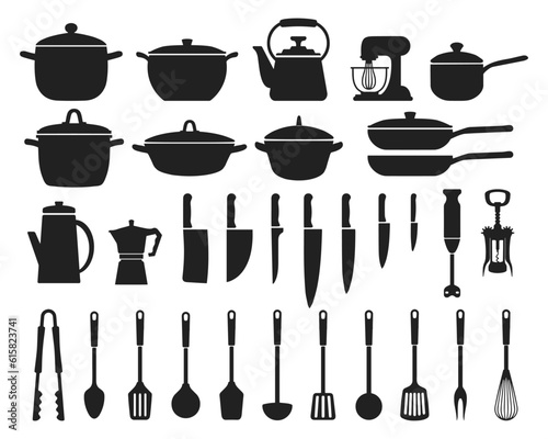 Fototapete Big set of kitchen utensils, silhouette