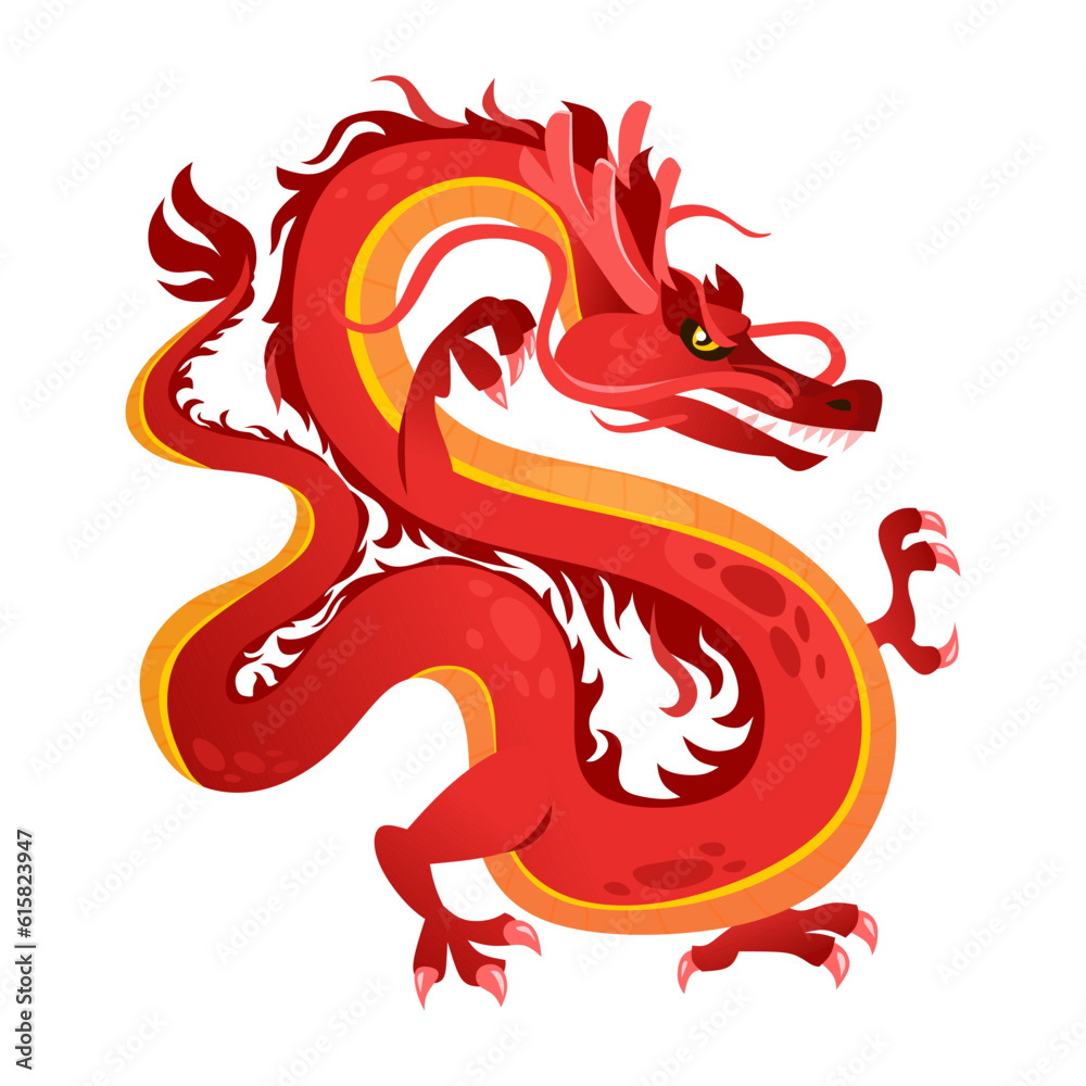 Vector illustration of a traditional Asian red dragon isolated on white background. Icon of a Chinese zodiac symbol, a magical legendary creature in cartoon style. Creative design element. Vector illustration of a traditional Asian red dragon isolated on white background. Icon of a Chinese zodiac symbol, a magical legendary creature in cartoon style. Creative design element.