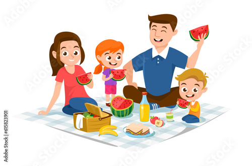 A happy family with children on a picnic isolated on white background. Cartoon characters of a young couple with kids sitting on a blanket and eating watermelon on a weekend trip. Vector illustration