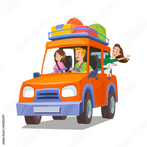 Happy family with a daughter and a dog on a road trip in a car isolated on white background. A man, a woman and a girl traveling on vacation with luggage in a vehicle. Cartoon vector illustration.