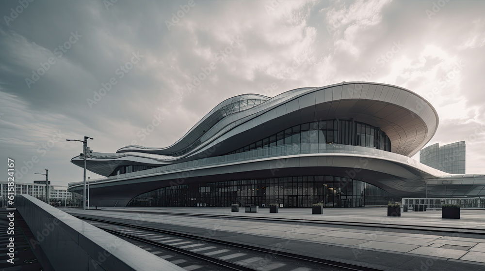 a modern building in the middle of an urban area with train tracks and buildings on either side, under cloudy skies a modern building in the middle of an urban area with train tracks and buildings on either side, under cloudy skies
