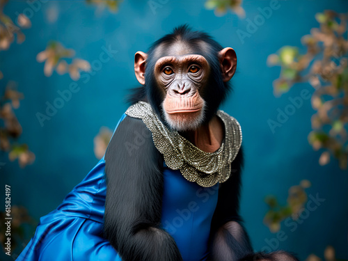 Un chimpancé mirando a la cámara con un vestido azul y gris sobre un fondo azul con hojas Visa de frente y e cerca. Copy space. IA Generativa photo