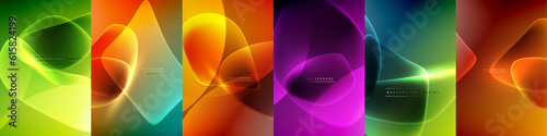Bright neon glowing flowing elements abstract backgrounds. Design set for wallpaper, banner background, landing page, wall art, invitation, prints, posters