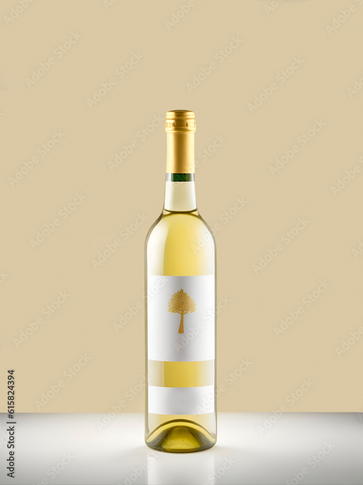 Una botella de vino blanco con etiqueta sobre un fondo claro. Vista de frente y de cerca. Copy space. IA Generativa Una botella de vino blanco con etiqueta sobre un fondo claro. Vista de frente y de cerca. Copy space. IA Generativa