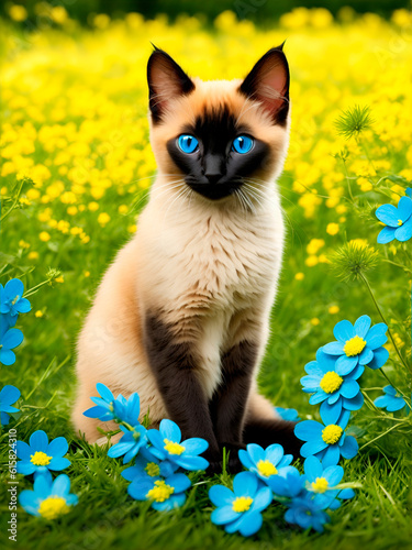 Un gato siamés sentado en el césped con flores azules y amarillas. Vistaa de frente y de cerca. IA Generativa photo