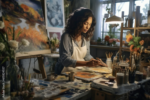 Ethnic woman working in a creative studio, surrounded by artwork and inspiration, ethnic woman working, business, natural light, affinity, bright background Generative AI