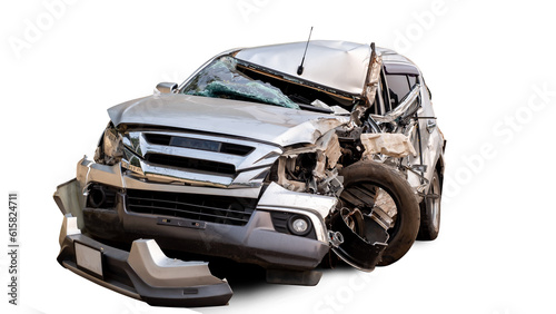 Front of white car get damaged by accident on the road. damaged cars after collision. isolated on transparent background, PNG file