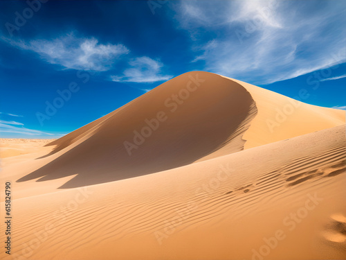 Vista de una duna y un cielo azul en un d  a soleado con espacio para copiar. IA Generativa