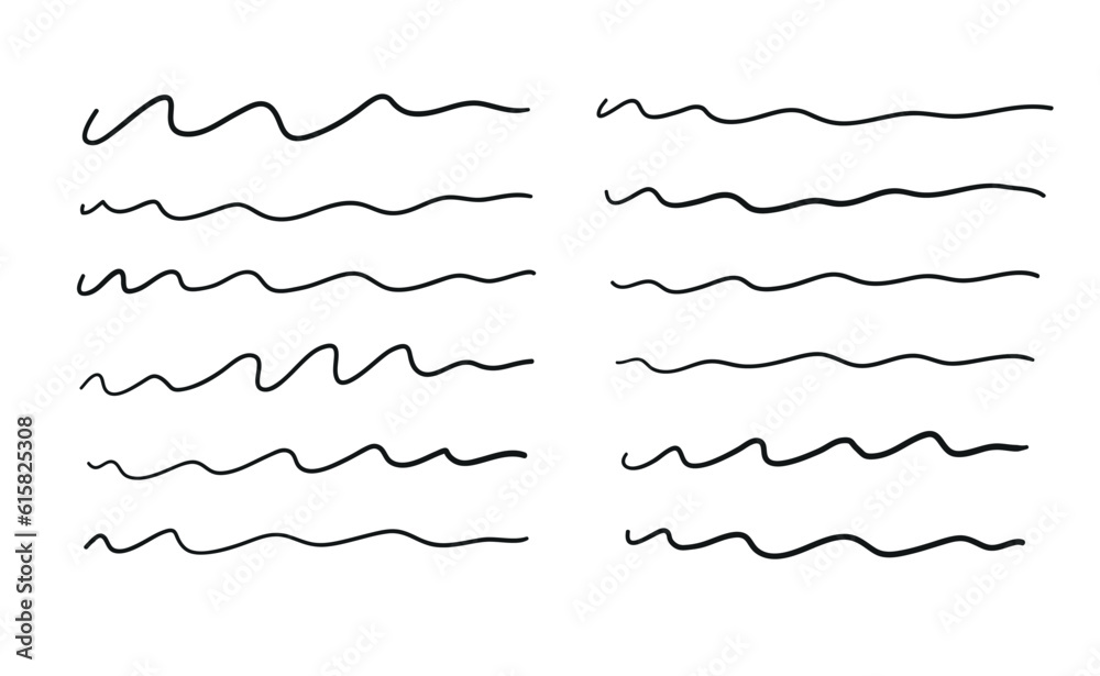 Pen scrabble lines set, vector hand drawn brush stripes, pencil underline, marker wavy strokes collection. Doodle illustration isolated on white background.