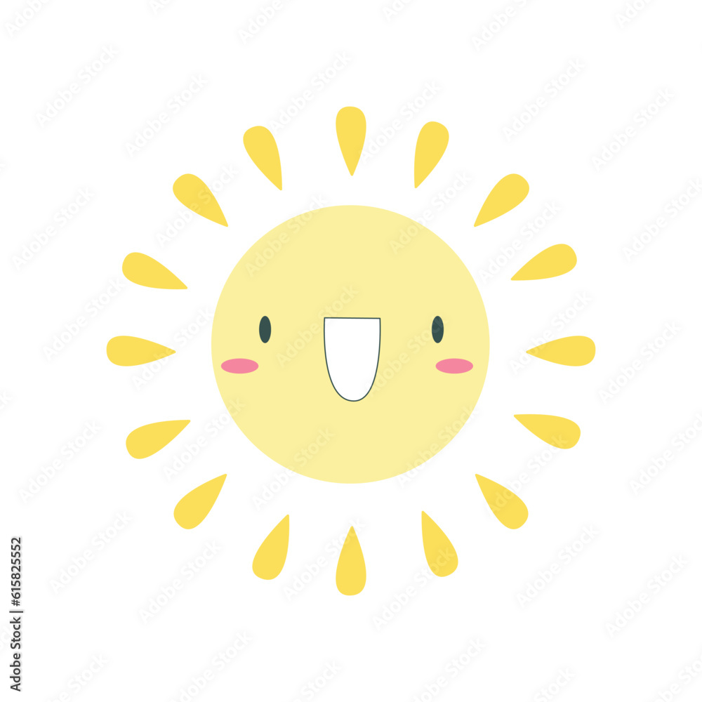 Illustration of a smiling sun character with rays. Sweet face, expression of joy