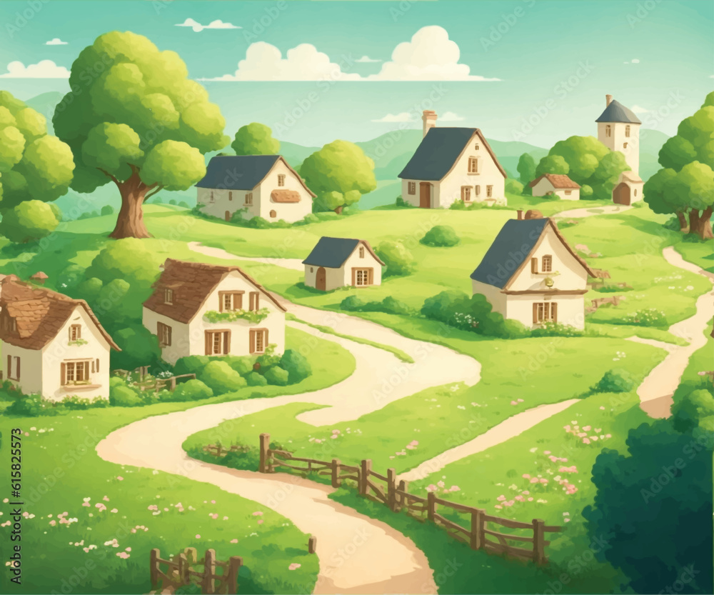 charming and picturesque vector illustration of a peaceful countryside village, complete with cozy houses, winding pathways, and lush greenery