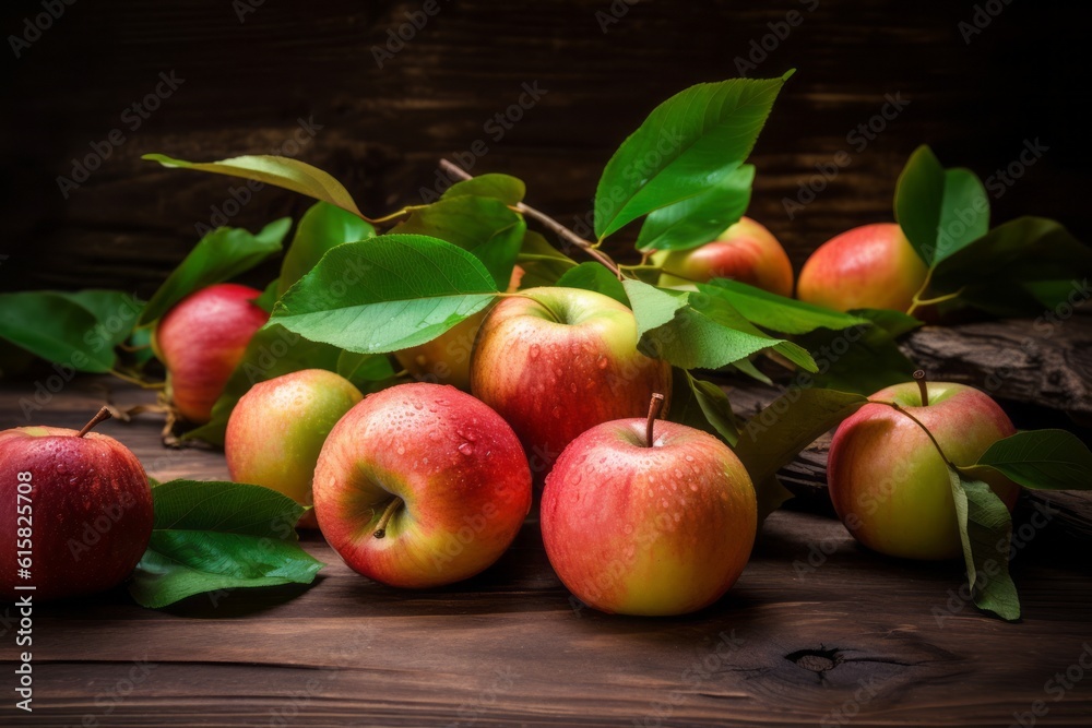 Apples on a wooden table with leaves. Generative AI Apples on a wooden table with leaves. Generative AI