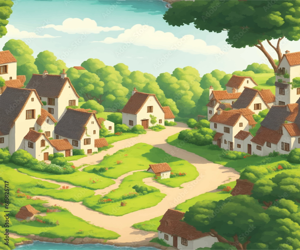 charming and picturesque vector illustration of a peaceful countryside village, complete with cozy houses, winding pathways, and lush greenery