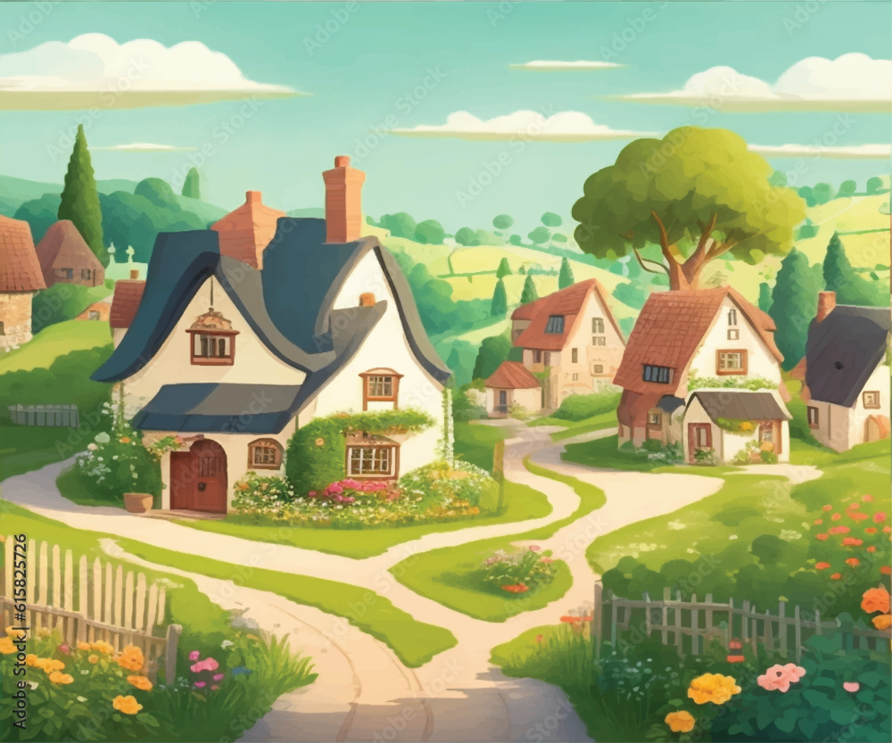 charming and picturesque vector illustration of a peaceful countryside village, complete with cozy houses, winding pathways, and lush greenery charming and picturesque vector illustration of a peaceful countryside village, complete with cozy houses, winding pathways, and lush greenery