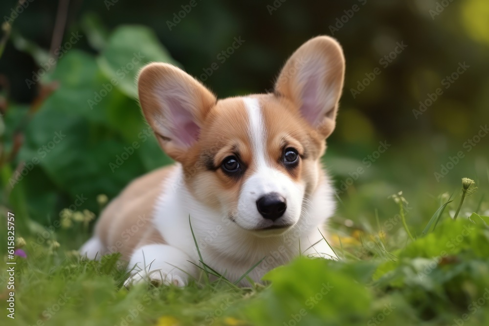 Cute corgi puppy lies on green grass. Generative AI Cute corgi puppy lies on green grass. Generative AI