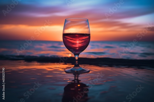 A glass of wine sits on the beach with the sunset in the background. Generative AI