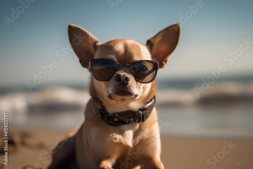 A chihuahua dog wearing sunglasses sits on a beach. Generative AI © KaterynaVS