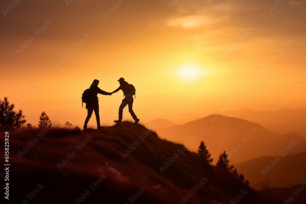 Teamwork couple hiking, silhouette of a person in the mountains. Generative AI