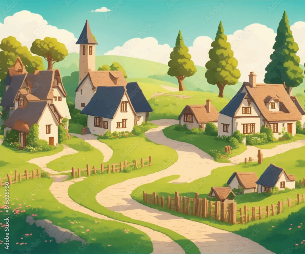charming and picturesque vector illustration of a peaceful countryside village, complete with cozy houses, winding pathways, and lush greenery