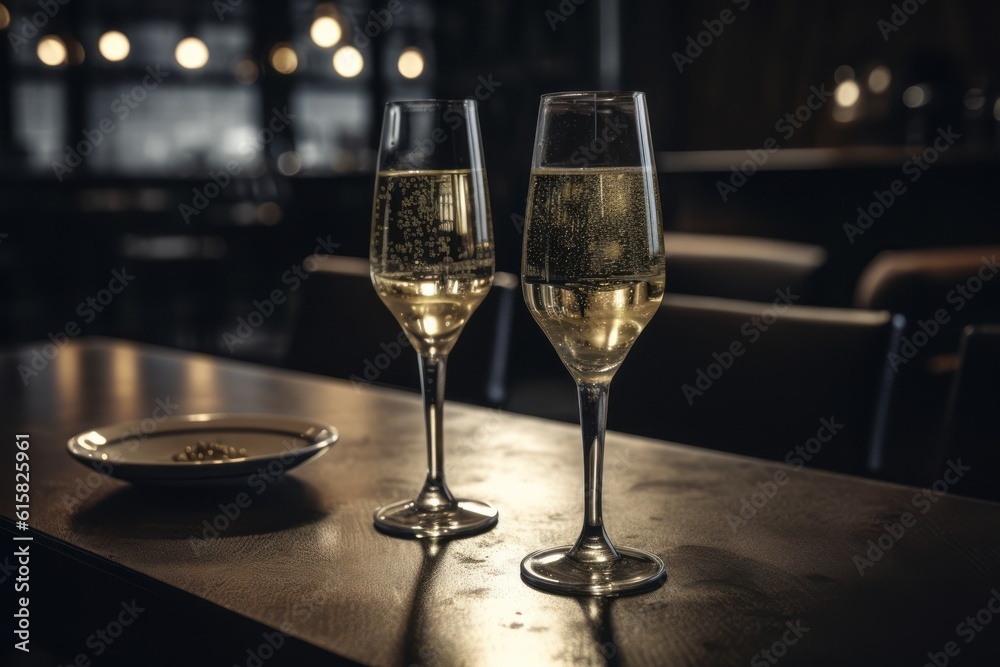 Two champagne glasses sitting on a table. Generative AI Two champagne glasses sitting on a table. Generative AI