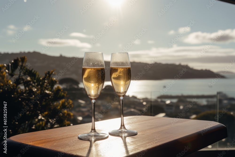 glasses of champagne sitting on a table in front of a view. Generative AI
