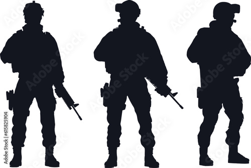 Set of Soldier Silhouettes on white background, Army soldiers with sniper rifle on duty vector silhouette, Jawan black silhouettes collection 